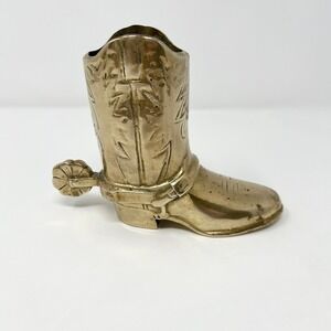 Vintage Solid Brass Cowboy Boot Figurine with Spur Western Decor Made in Taiwan